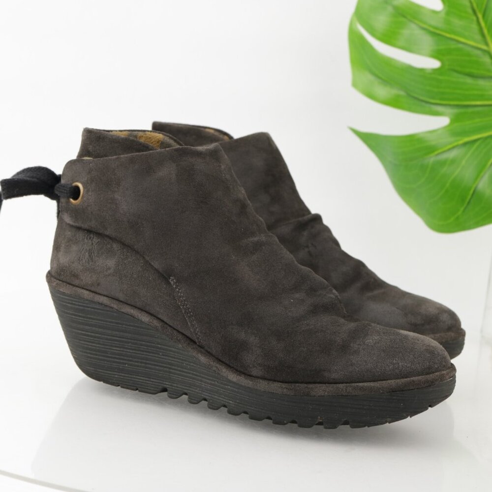 Fly London Womens Yama Boots Size 41 10 Gray Suede Wedge Heel Platform Lace Back